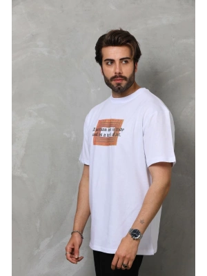 Bisiklet Yaka Baskılı Oversize T-Shirt - Beyaz -