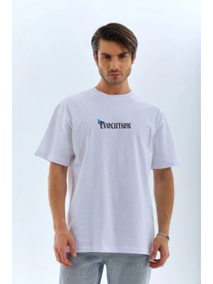 Bisiklet Yaka Baskılı Oversize T-Shirt - Beyaz -