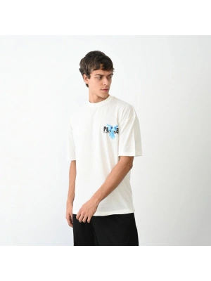 Bisiklet Yaka Baskılı Oversize T-Shirt - Beyaz -