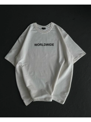 Bisiklet Yaka Baskılı Oversize T-Shirt - Beyaz -