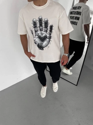 Bisiklet Yaka Baskılı Oversize T-Shirt - Beyaz -