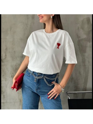 Bisiklet Yaka Baskılı Oversize T-Shirt - Beyaz -