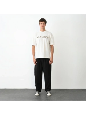 Bisiklet Yaka Baskılı Oversize T-Shirt - Beyaz -