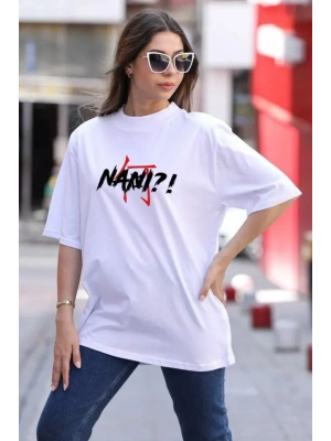 Bisiklet Yaka Baskılı Oversize T-Shirt - Beyaz -