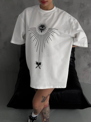 Bisiklet Yaka Baskılı Oversize T-Shirt - Beyaz