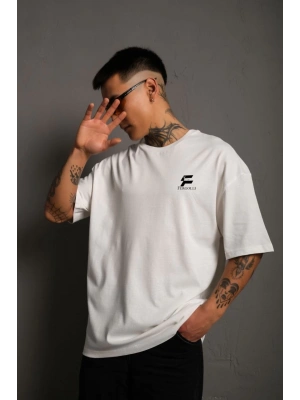 Bisiklet Yaka Baskılı Oversize T-Shirt - Beyaz -