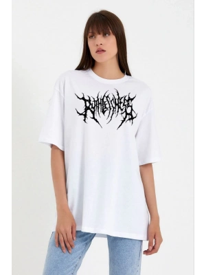 Bisiklet Yaka Baskılı Oversize T-Shirt - Beyaz -