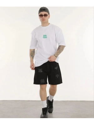 Bisiklet Yaka Baskılı Oversize T-Shirt - Beyaz