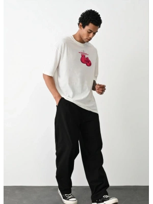 Bisiklet Yaka Baskılı Oversize T-Shirt - Beyaz -