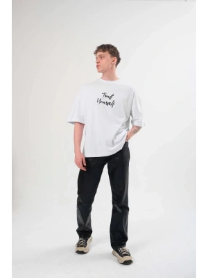 Bisiklet Yaka Baskılı Oversize T-Shirt - Beyaz -