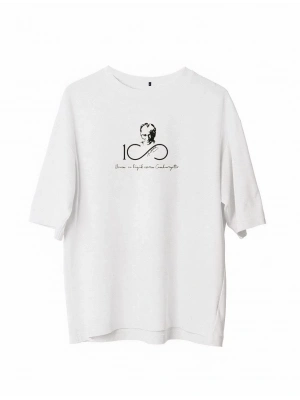 Bisiklet Yaka Baskılı Oversize T-Shirt - Beyaz -