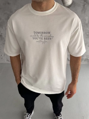 Bisiklet Yaka Baskılı Oversize T-Shirt - Beyaz -