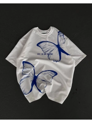 Bisiklet Yaka Baskılı Oversize T-Shirt - Beyaz