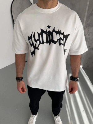 Bisiklet Yaka Baskılı Oversize T-Shirt - Beyaz -