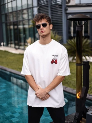 Bisiklet Yaka Baskılı Oversize T-Shirt - Beyaz -