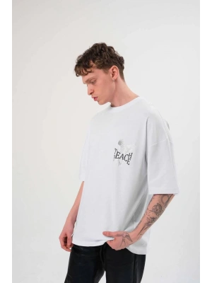 Bisiklet Yaka Baskılı Oversize T-Shirt - Beyaz -