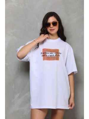 Bisiklet Yaka Baskılı Oversize T-Shirt - Beyaz -