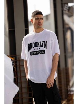 Bisiklet Yaka Baskılı Oversize T-Shirt - Beyaz -