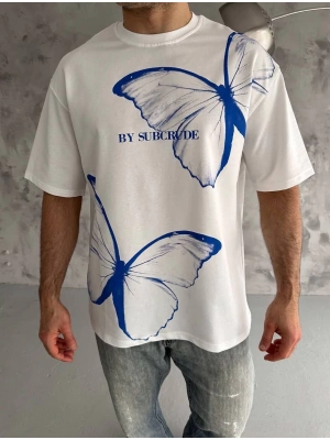 Bisiklet Yaka Baskılı Oversize T-Shirt - Beyaz