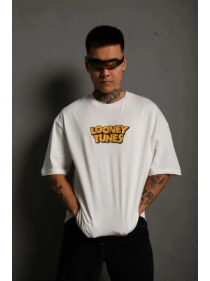 Bisiklet Yaka Baskılı Oversize T-Shirt - Beyaz -