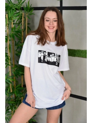 Bisiklet Yaka Baskılı Oversize T-Shirt - Beyaz -