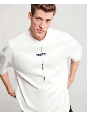 Bisiklet Yaka Baskılı Oversize T-Shirt - Beyaz -