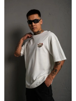 Bisiklet Yaka Baskılı Oversize T-Shirt - Beyaz -