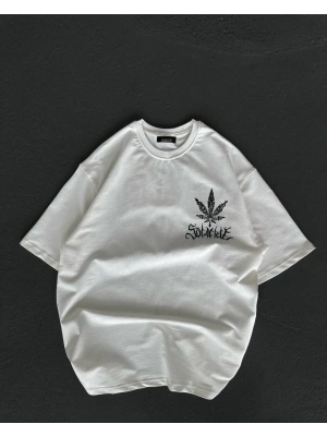 Bisiklet Yaka Baskılı Oversize T-Shirt - Beyaz -