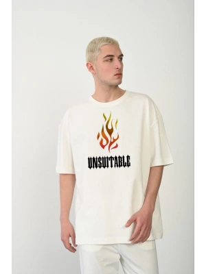 Bisiklet Yaka Baskılı Oversize T-Shirt - Beyaz