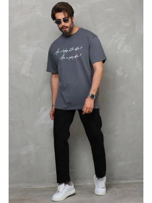 Bisiklet Yaka Baskılı Oversize T-Shirt - Füme