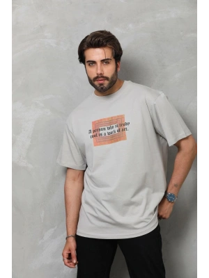 Bisiklet Yaka Baskılı Oversize T-Shirt - Gri -