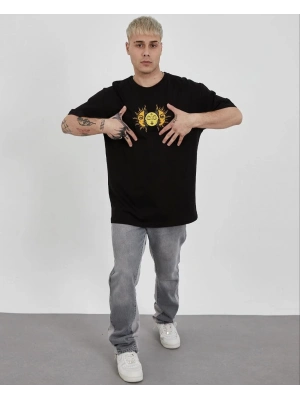 Bisiklet Yaka Baskılı Oversize T-Shirt - Siyah -