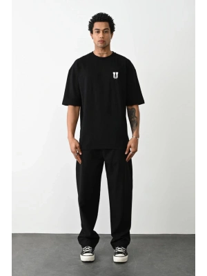 Bisiklet Yaka Baskılı Oversize T-Shirt - Siyah -