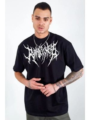 Bisiklet Yaka Baskılı Oversize T-Shirt - Siyah -