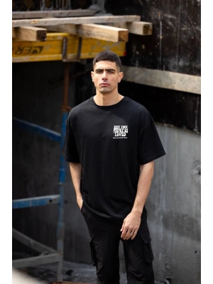 Bisiklet Yaka Baskılı Oversize T-Shirt - Siyah -