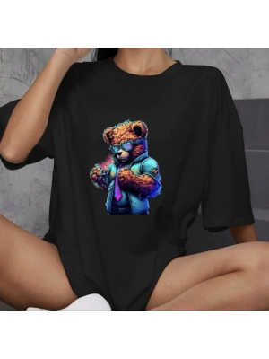 Bisiklet Yaka Baskılı Oversize T-Shirt - Siyah -