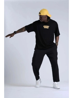 Bisiklet Yaka Baskılı Oversize T-Shirt - Siyah -