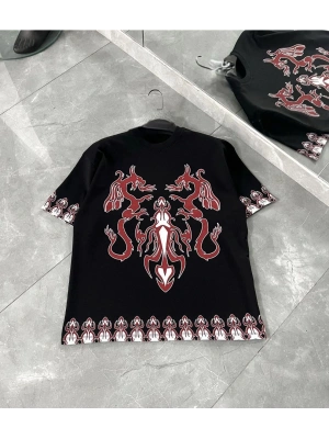 Bisiklet Yaka Baskılı Oversize T-Shirt - Siyah -