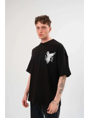 Bisiklet Yaka Baskılı Oversize T-Shirt - Siyah -