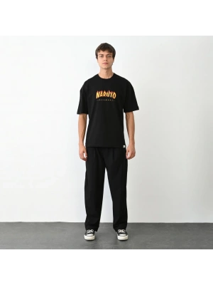 Bisiklet Yaka Baskılı Oversize T-Shirt - Siyah -