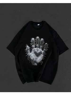 Bisiklet Yaka Baskılı Oversize T-Shirt - Siyah -