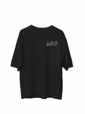 Bisiklet Yaka Baskılı Oversize T-Shirt - Siyah -