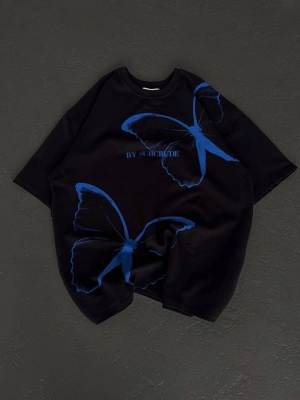 Bisiklet Yaka Baskılı Oversize T-Shirt - Siyah