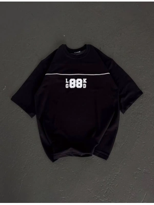 Bisiklet Yaka Baskılı Oversize T-Shirt - Siyah