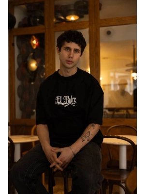 Bisiklet Yaka Baskılı Oversize T-Shirt - Siyah -