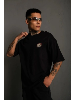 Bisiklet Yaka Baskılı Oversize T-Shirt - Siyah -