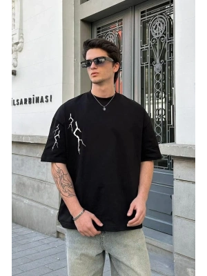Bisiklet Yaka Baskılı Oversize T-Shirt - Siyah -