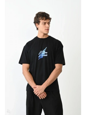 Bisiklet Yaka Baskılı Oversize T-Shirt - Siyah -