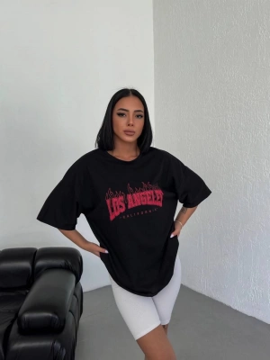 Bisiklet Yaka Baskılı Oversize T-Shirt - Siyah -