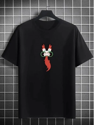 Bisiklet Yaka Baskılı Oversize T-Shirt - Siyah -